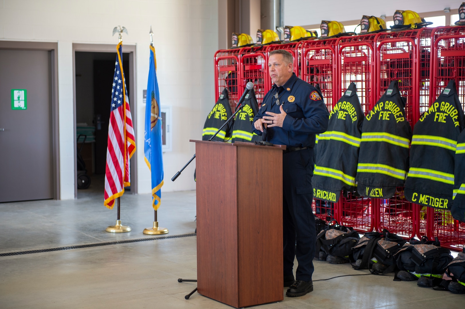 Lee Horst, Jr., fire chief for Camp Gruber Training Center, speaks during a ribbon cutting ceremony for the newly opened Fire Station Number 1 on Camp Gruber, Oklahoma, March 24, 2021. (Oklahoma National Guard photo by Anthony Jones)