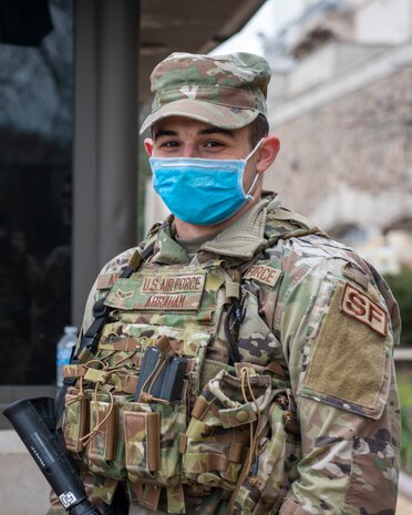Airman 1st Class Timothy Abraham, with the 171st Air Refueling Wing, Pennsylvania Air National Guard, is one of the approximately 6,000 National Guard members providing security in Washington, D.C., Feb. 16, 2021.
