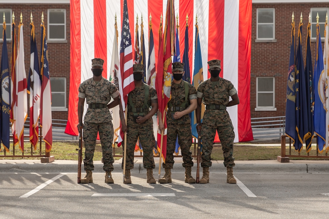 U.S. Marines with 2d Transportation Support Battalion, 2d Marine Logistics Group, participate in a deactivation ceremony for Alpha Company, 2d Tank Battalion, 2d Marine Division on Camp Lejeune, N.C., March 25, 2021. Alpha Co. served 2d MARDIV for nearly 80 years and participated in numerous conflicts and operations throughout that period. The deactivation is in accordance with the force-wide modernization efforts that will make the USMC more competitive to fight a peer or near-peer threat (U.S. Marine Corps photo by Lance Cpl. Jennifer E. Reyes)
