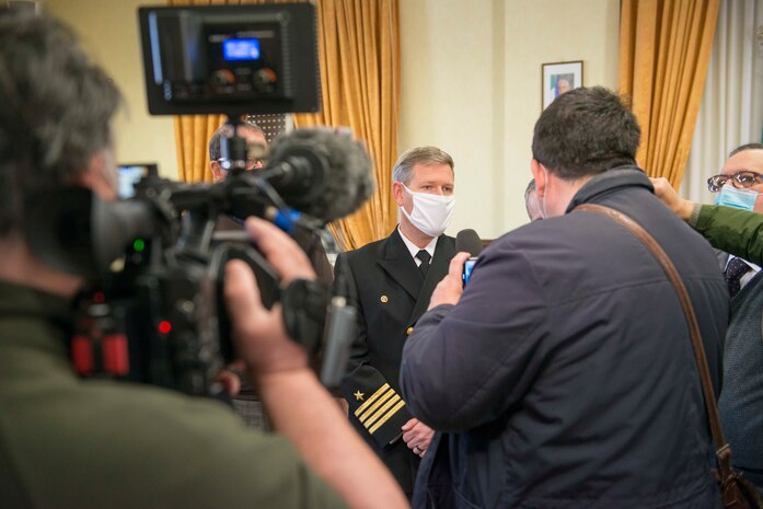 Capt. David Pollard, Commanding officer of the Blue Ridge-class command and control ship USS Mount Whitney, and Cosmo Mitrano, mayor of Gaeta, Italy, pose for a photo during a medical supplies donation to Gaeta, Italy on behalf of the USS Mount Whitney (LCC 20) in Gaeta, March 26, 2021.