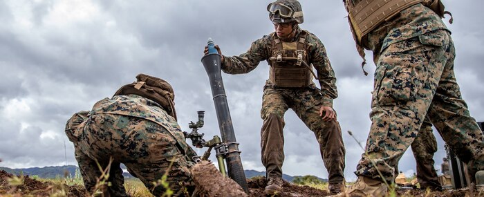 U.S. Marines with Charlie Company, Infantry Training Battalion, School of Infantry - West, fire an M252 81mm mortar system during a live-fire demonstration at Range 208C on Marine Corps Base Camp Pendleton, California, April 8, 2020.
