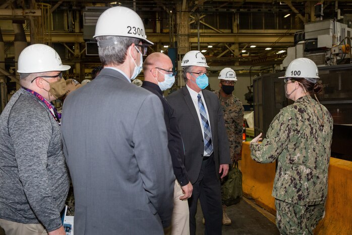 Acting Secretary of the Navy Thomas W. Harker visits the Production Machine Shop during his tour of Norfolk Naval Shipyard March 17. Secretary Harker toured NNSY as part of a visit to the Mid-Atlantic region.