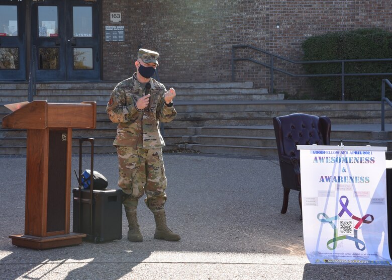 U.S. Air Force Col. Andres Nazario, 17th Training Wing commander, speaks at the proclamation signing ceremony for the 2021 Month of Awesomeness and Awareness, outside of the Western Winds Dining Facility, on Goodfellow Air Force Base, Texas, March 25, 2021. Nazario spoke about why he signed the implementation and promotion of these programs, as they were designed to help curve the occurrence and risk of child maltreatment, alcohol abuse and sexual assault; several base agencies will work together to enhance the lives of military children and families. (U.S. Air Force photo by Senior Airman Abbey Rieves)