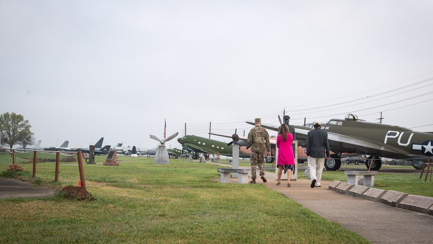 Master Sgt. Richard Hale, Global Power Museum assistant, Camille Schrier, Miss America 2020, and Chris Chandler, American Millennium Project (AMP) chief executive officer, tour  static aircraft displays at the Global Power Museum at Barksdale Air Force Base, Louisiana, March 24, 2021.