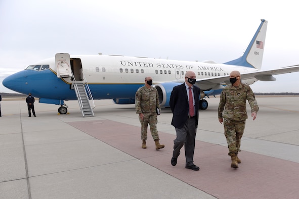 Acting Secretary of the Air Force John Roth talks with Gen. Arnold W. Bunch Jr., commander, Air Force Materiel Command, and Col. Patrick Miller, 88th Air Base Wing and installation commander at Wright-Patterson Air Force Base, Ohio, March 23, 2021.  Roth met with Air Force personnel and toured several facilities at the base including the U.S. Air Force School of Aerospace Medicine Epidemiology Laboratory, which is responsible for analyzing a majority of the COVID-19 tests in the Air Force. (U.S. Air Force photo by Ty Greenlees)