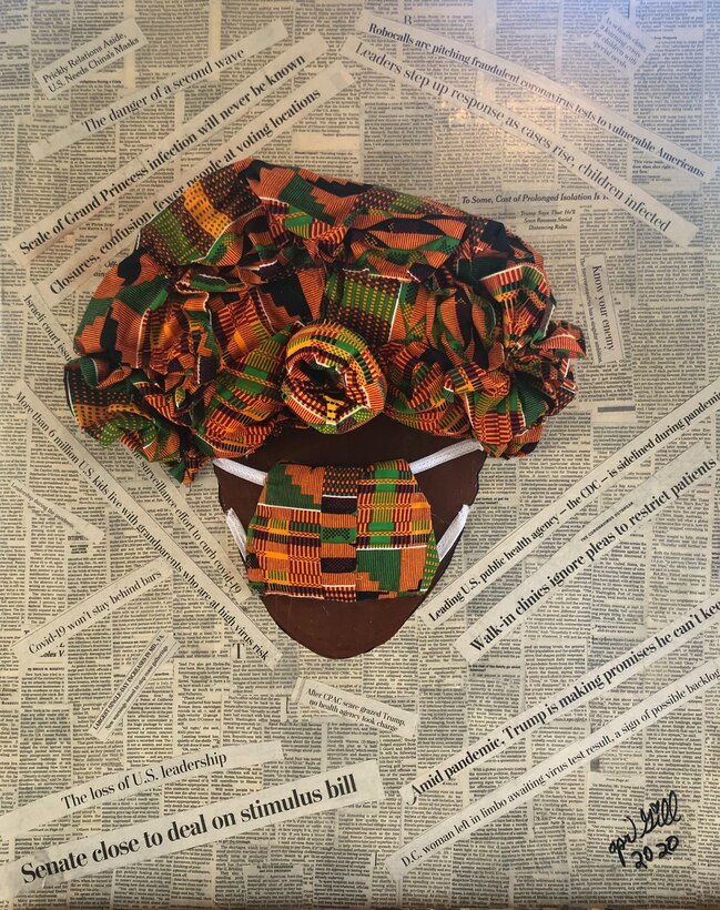 An African-inspired fabric headwrap and mask sits atop a mashup of newspaper articles and headlines.
