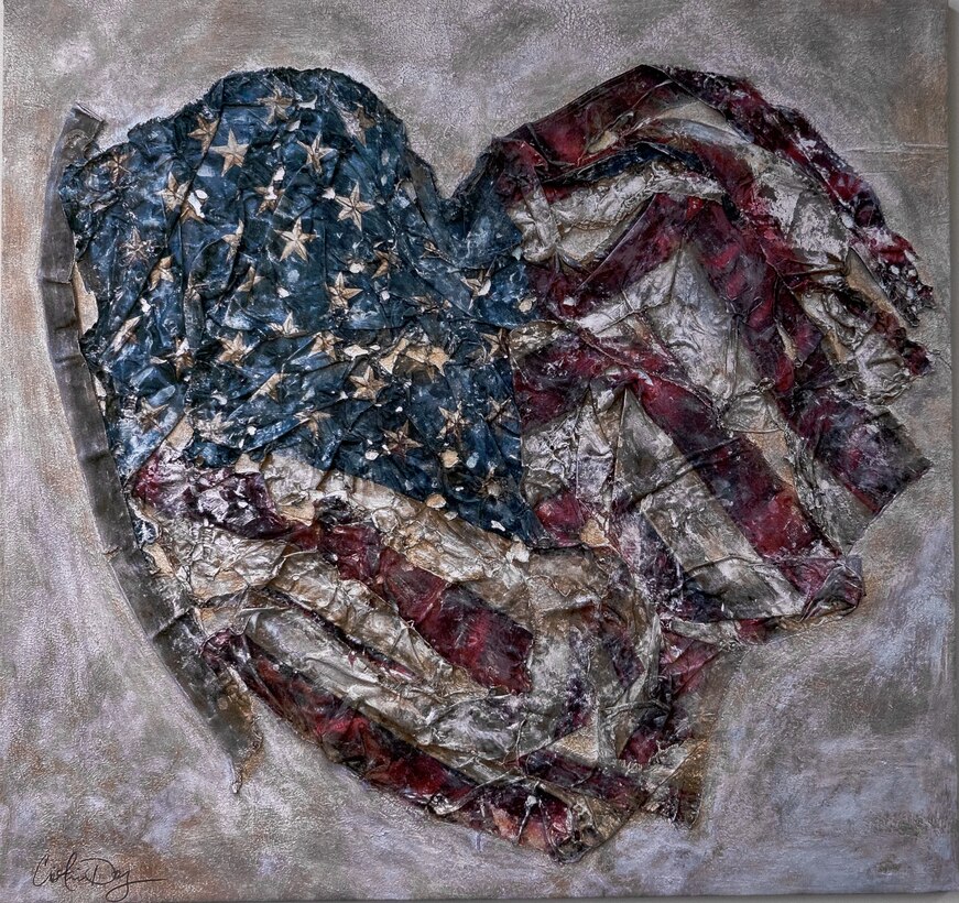 A painting depicts an American flag crinkled into the shape of a heart.