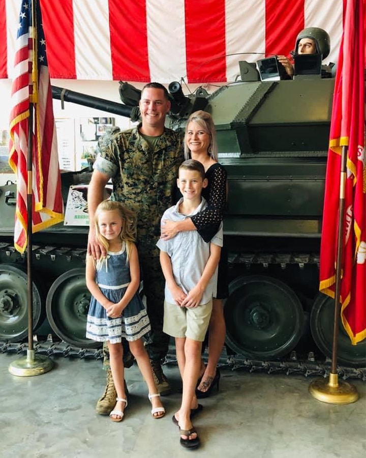U.S. Marine Corps Gunnery Sgt. Sean Curb, the station commander of Recruiting Substation Houma, Recruiting Station Baton Rouge, poses with his family following his promotion ceremony at the Regional Military Museum in New Orleans, La., October 1, 2019. (Courtesy photo)