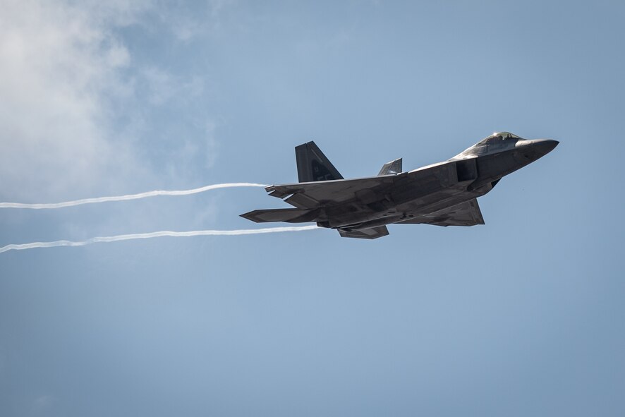U.S. Air Force Maj. Josh ‘Cabo’ Gunderson, F-22 Raptor Demonstration Team commander, performs during an air show in Fort Worth, Texas, Oct. 17, 2020.