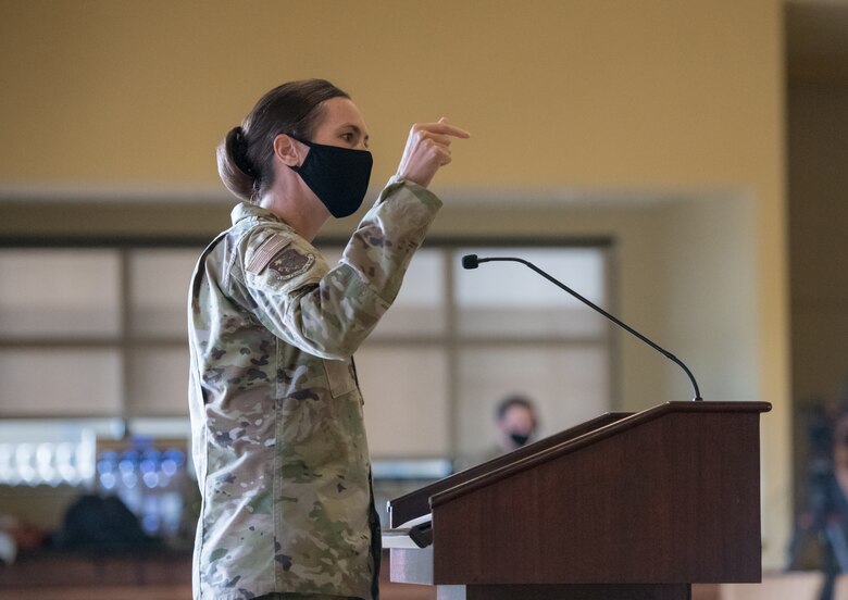 U.S. Air Force Col. Heather Blackwell, 81st Training Wing commander, speaks during the 2021 Mississippi Veteran Affairs Military Women's Summit in the Bay Breeze Event Center at Keesler Air Force Base, Mississippi, March 25, 2021. The summit focused on the goal of supporting a diverse and inclusive force catered to veterans, retirees, reservists, active duty and national guard members. (U.S. Air Force photo by Andre' Askew)