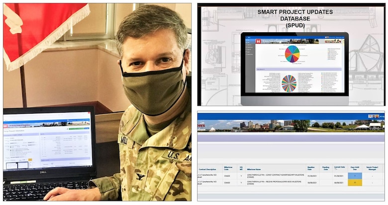 In the photo to the left, Memphis District Commander Col. Zachary Miller signs the first SPOT Report using the new Smart Project Updates Dashboard. To the right are screenshots of the Smart Project Updates Dashboard, also known as SPUD.