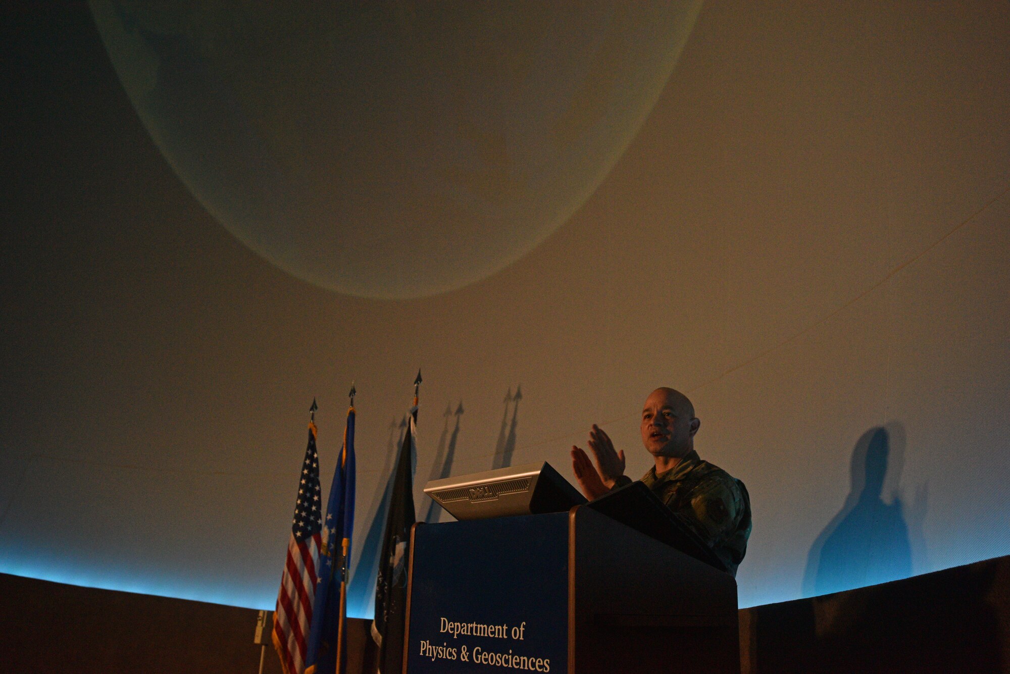 U.S. Air Force Col. Andres Nazario, 17th Training Wing commander, addresses the audience at Angelo State University’s Planetarium in San Angelo, Texas, March 26, 2021. Angelo State University hosted a ceremony for Goodfellow members transferring their service from the United States Air Force to the United States Space Force at their planetarium in San Angelo, Texas, March 26.  (U.S. Air Force photo by Senior Airman Ashley Thrash)