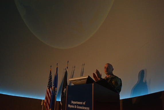 U.S. Air Force Col. Andres Nazario, 17th Training Wing commander, addresses the audience at Angelo State University’s Planetarium in San Angelo, Texas, March 26, 2021. Angelo State University hosted a ceremony for Goodfellow members transferring their service from the United States Air Force to the United States Space Force at their planetarium in San Angelo, Texas, March 26.  (U.S. Air Force photo by Senior Airman Ashley Thrash)
