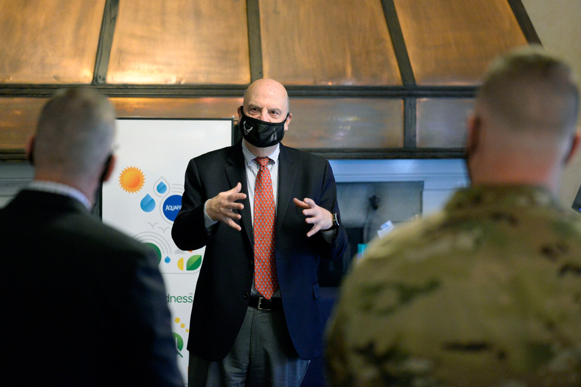 Acting Secretary of the Air Force John Roth speaks with 88th Air Base Wing personnel at Wright-Patterson Air Force Base, Ohio, March 23, 2021.  Roth met with Air Force personnel and toured several facilities at the base including the U.S. Air Force School of Aerospace Medicine Epidemiology Laboratory, which is responsible for analyzing a majority of the COVID-19 tests in the Air Force. (U.S. Air Force photo by Ty Greenlees)