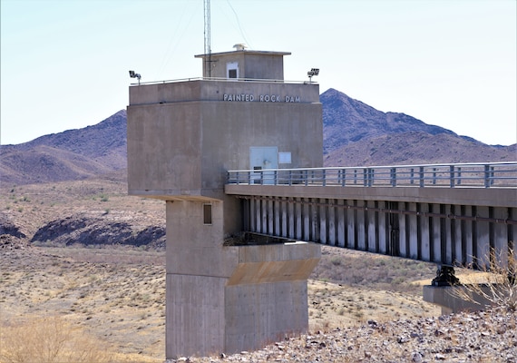 The north view of the Painted Rock Dam can be seen in this March 24 picture near Gila Bend, Arizona. Painted Rock Dam is a major flood control project in the Gila River Drainage Basin, constructed and operated by the U. S. Army Corps of Engineers Los Angeles District.