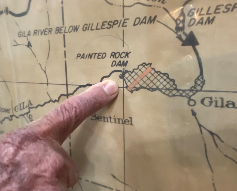 Donald “Donnie” May, dam operator at Painted Rock Dam, explains the importance of the dam’s location March 24 near Gila Bend, Arizona. The Painted Rock Dam is a major flood control project in the Gila River Drainage Basin, constructed and operated by the U.S. Army Corps of Engineers Los Angeles District.