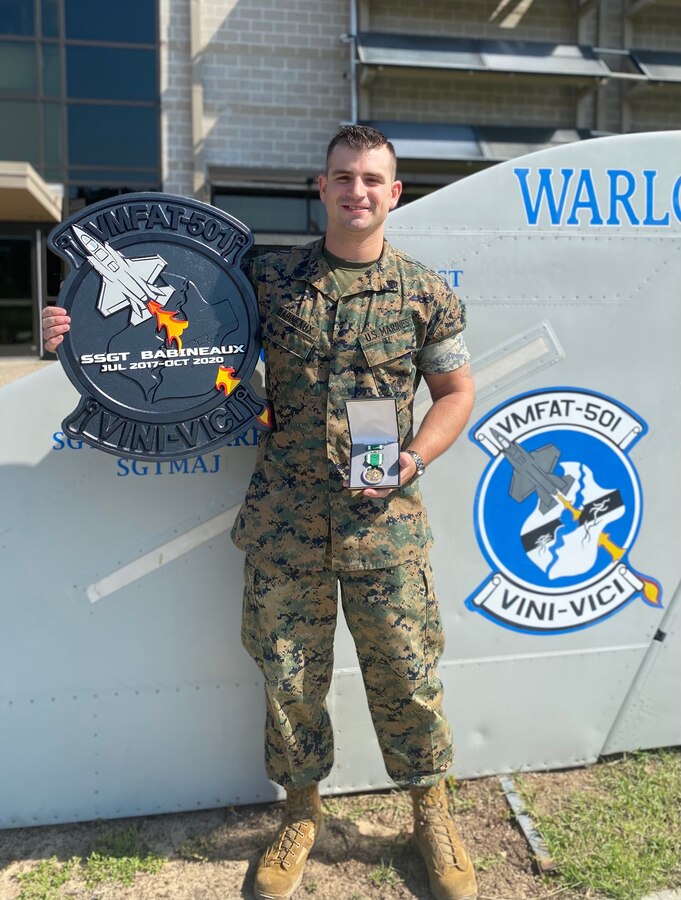 Staff Sgt. Andre Babineaux, a Marine with  Marine Fighter Attack Training Squadron 501, is a prior active duty Marine who is now part of the Marine Corps Reserves. Babineaux now works a civilian job in Virginia, and supervises 20-30 flight equipment Marines in Beaufort, South Carolina during his periodic drill weekends.