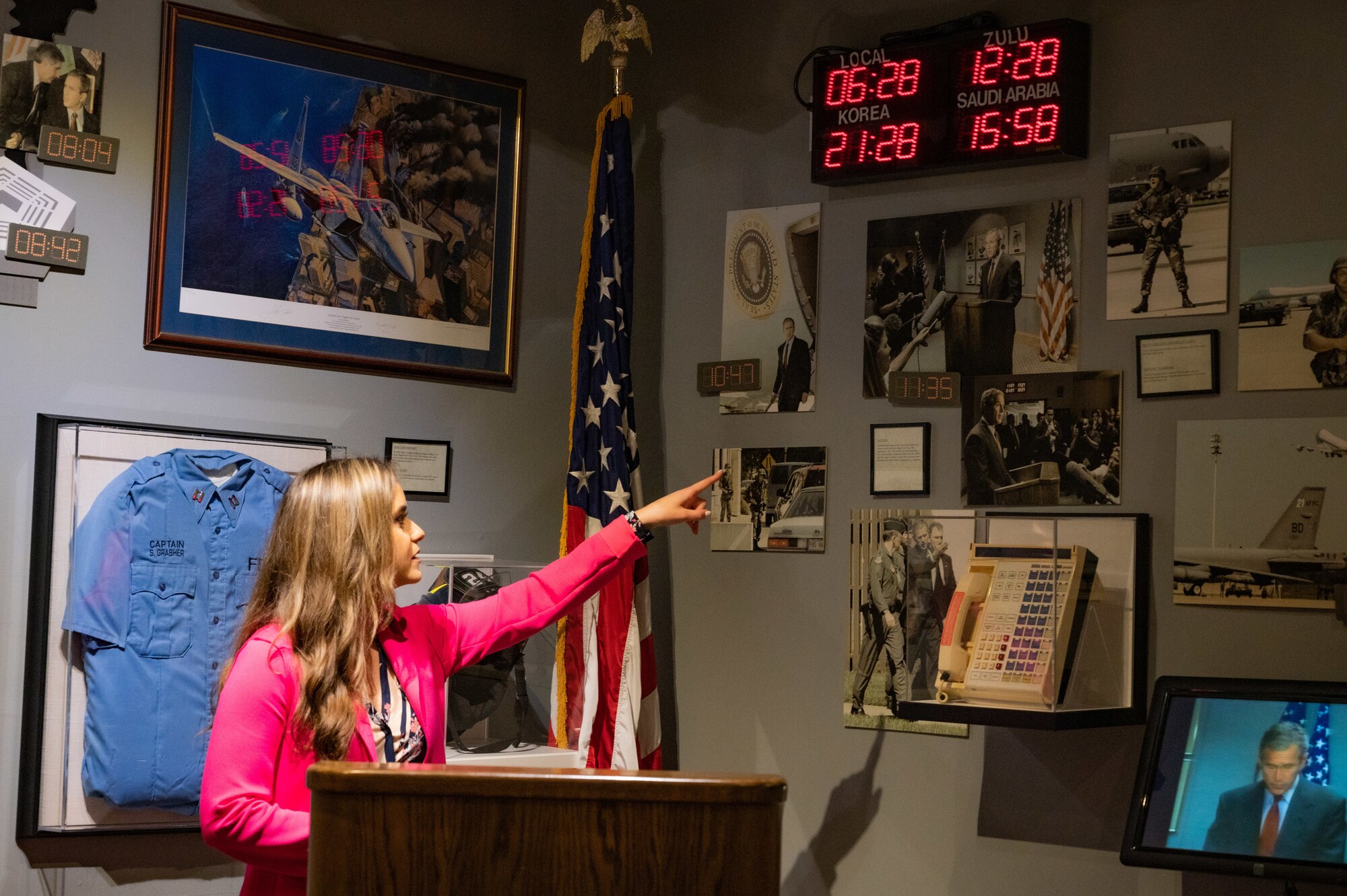 Camille Schrier, Miss America 2020, tours the 9/11 display at the Global Power Museum at Barksdale Air Force Base, Louisiana, March 24, 2021.