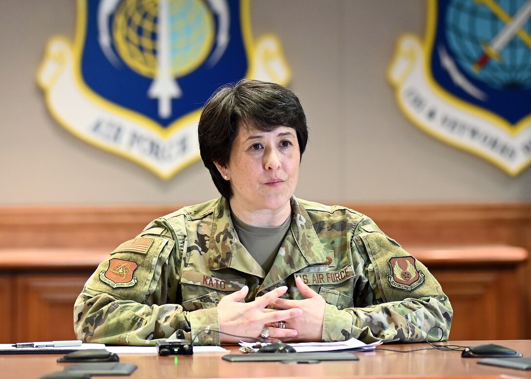 Col. Amanda Kato, Air Force PEO, Nuclear Command, Control and Communications, addresses defense and industry leaders during the AFCEA Lexington-Concord Chapter’s New Horizons 2021 March 23, 2021 at Hanscom Air Force Base, Mass. Kato oversees the integration of the NC3 weapon system across the Air Force, including configuration management, system testing, verification and certification.