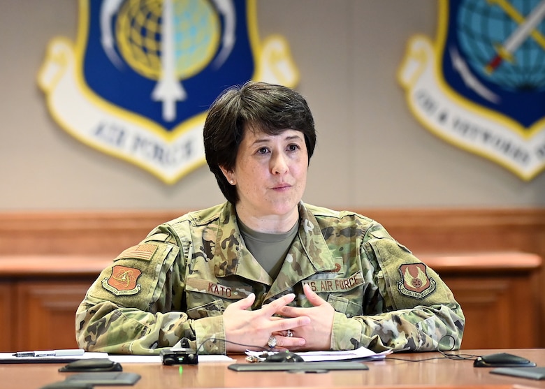 Col. Amanda Kato, Air Force PEO, Nuclear Command, Control and Communications, addresses defense and industry leaders during the AFCEA Lexington-Concord Chapter's New Horizons 2021 March 23, 2021 at Hanscom Air Force Base, Mass. Kato oversees the integration of the NC3 weapon system across the Air Force, including configuration management, system testing, verification and certification.