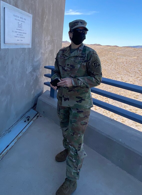 Col. Julie Balten, U.S. Army Corps of Engineers Los Angeles District commander, enters the Painted Rock Dam control house March 24 near Gila Bend, Arizona.