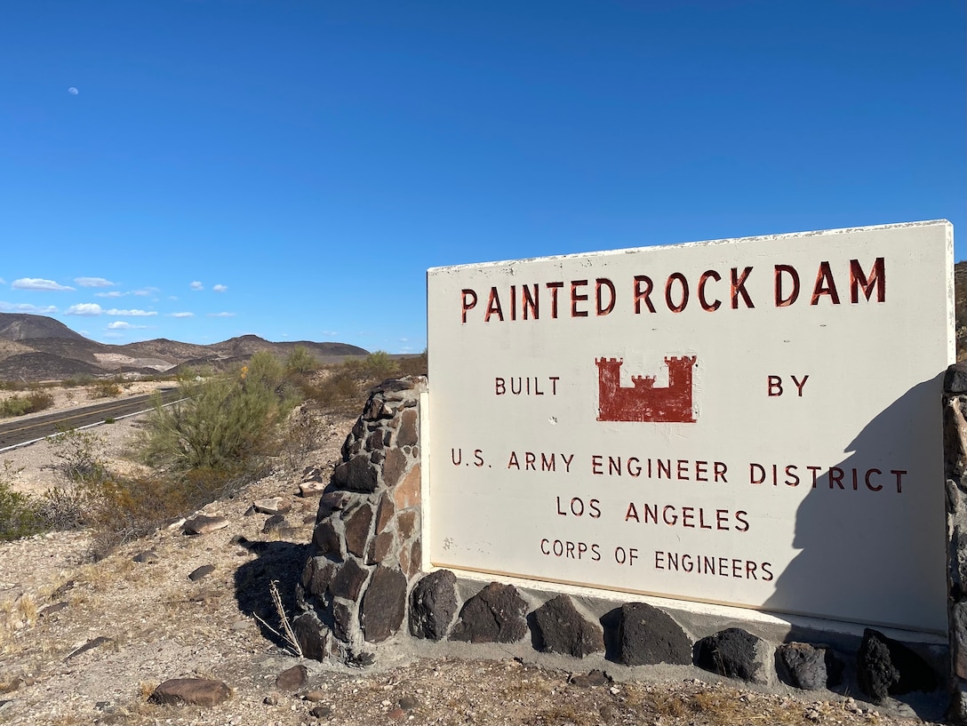 The Painted Rock Dam entrance can be seen in this March 24 picture near Gila Bend, Arizona. The U. S. Army Corps of Engineers Los Angeles District completed construction of the dam in 1960.