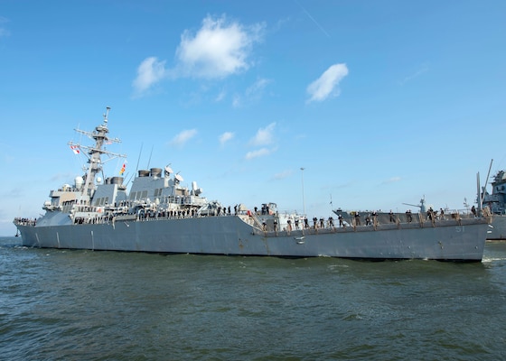 The guided-missile destroyer USS Arleigh Burke (DDG 51) departs Naval Station Norfolk on March 26.