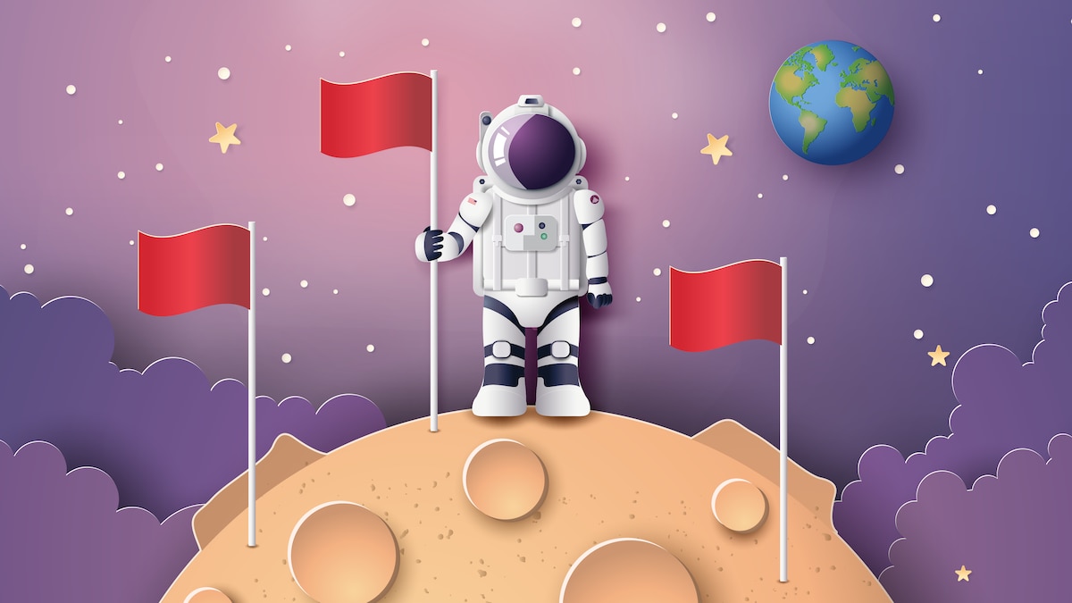 Astronaut with surrounded by flags on the moon, Paper art and digital craft style.