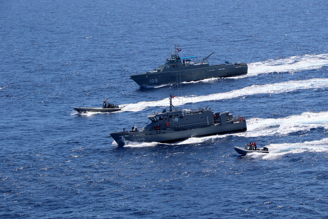 The Dominican Republic Near Coastal Patrol Vessel Betelguese (GC 102) and Coastal Patrol Vessel Orion (GC 109) conduct a bi-lateral maritime exercise with the Freedom-variant littoral combat ship USS Wichita (LCS 13), March 24, 2021.