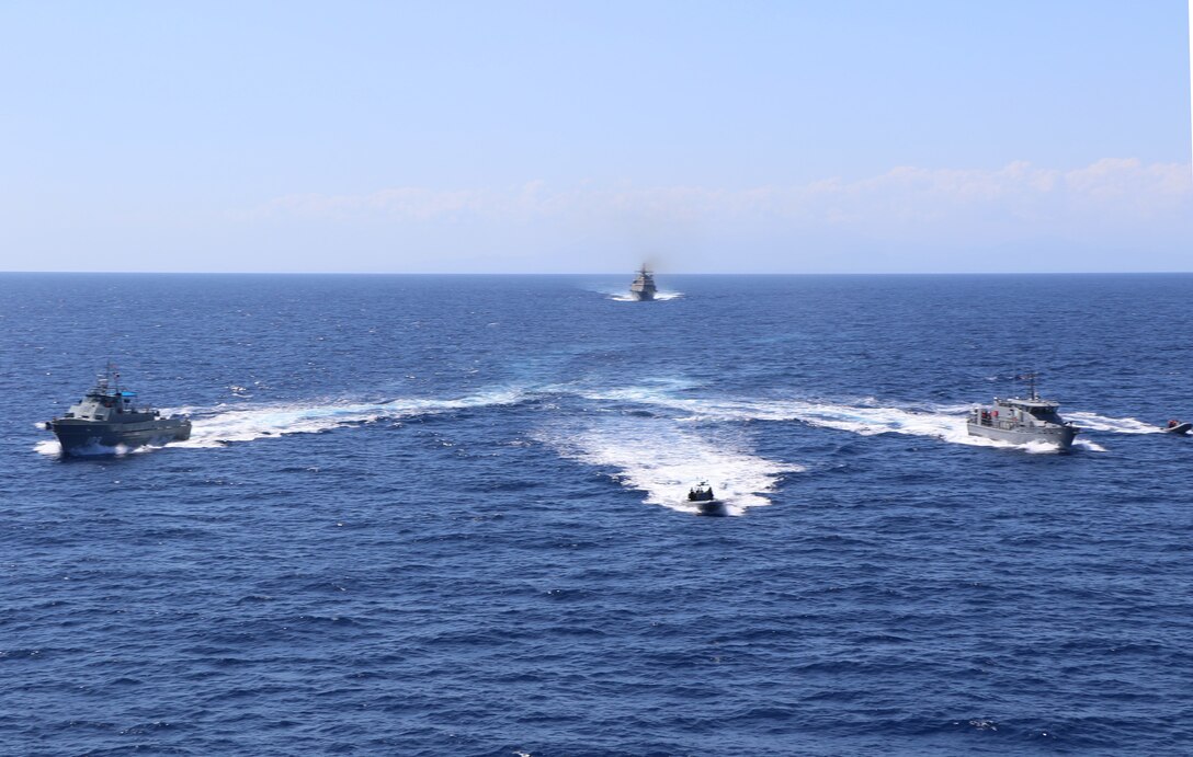 The Freedom-variant littoral combat ship USS Wichita (LCS 13) conducts a bi-lateral maritime exercise with naval counterparts from the Dominican Republic, March 24, 2021.