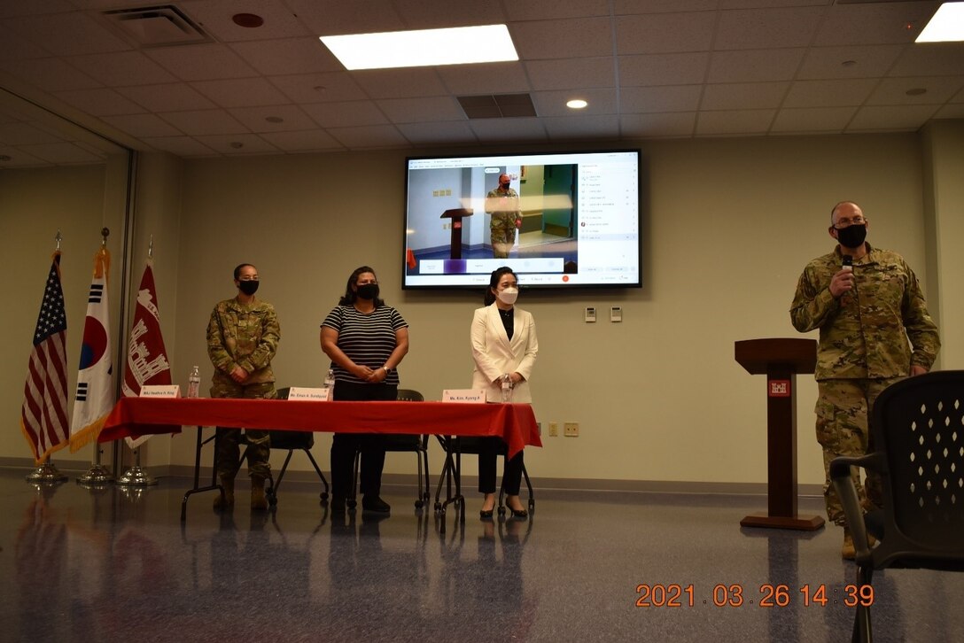 Eman Sundquist, Programs and Project Management Division (PPMD) project manager, speaks to the crowd of attendees about finding her place in a world made for men during the Far East District’s Women’s History Month celebration at District Headquarters, USAG Humphreys, Republic of Korea, Mar. 26, 2021. The event centered on a panel of FED women, who spoke about their experiences as women in the workforce.