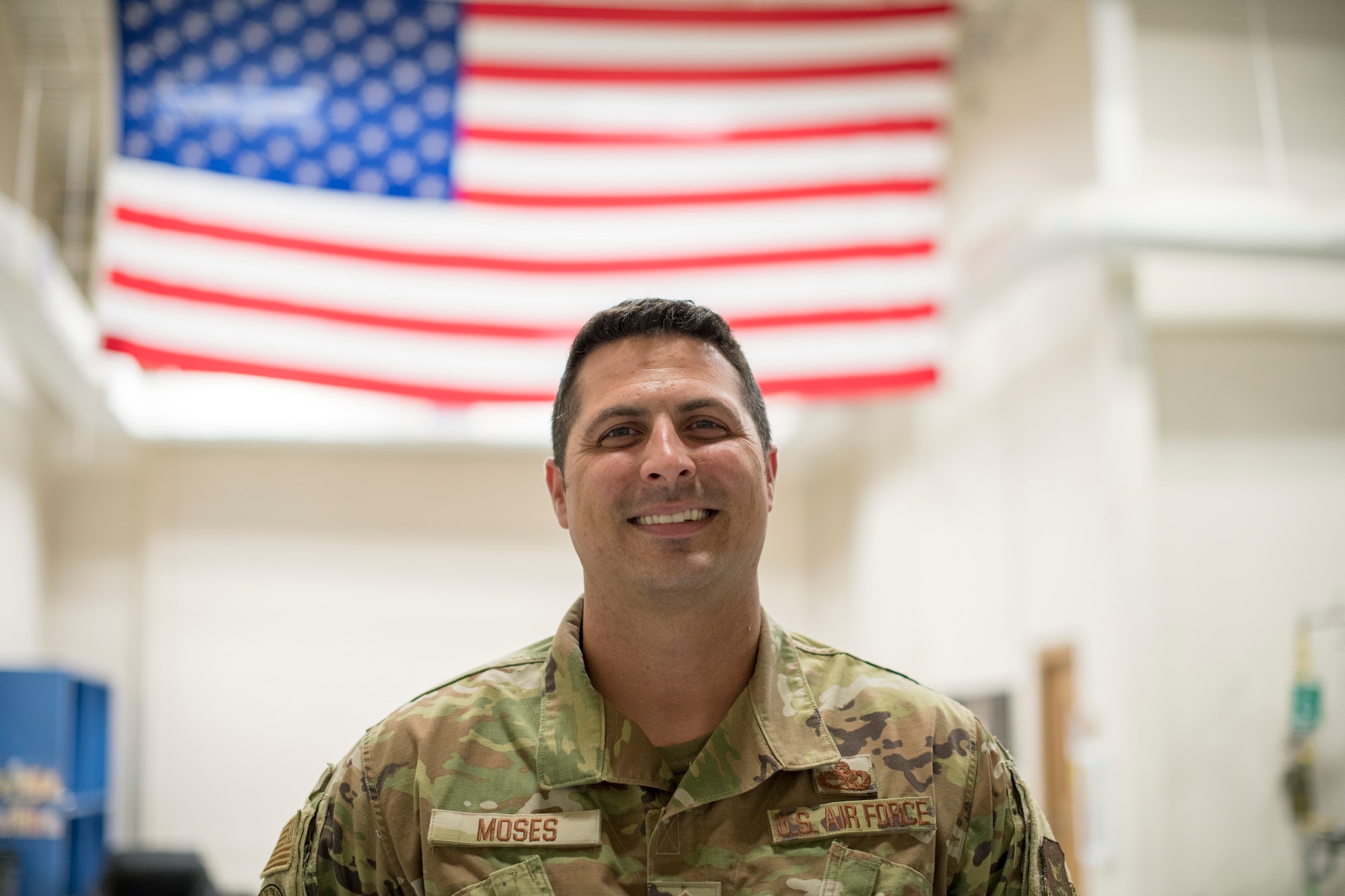 Senior Master Sgt. Justin Moses, production superintendent for the 403rd Aircraft Maintenance Squadron at Keesler Air Force Base, Miss., smiles for a photo in the Roberts Consolidated Maintenance Facility March 26, 2021. Moses received the 2020 Air Force Reserve Comand Lt. Gen. Leo Marquez and Maintenance Effectiveness award in the aircraft maintenance supervisor manager category for his work during a busy 2020. (U.S. Air Force photo by Staff Sgt. Kristen Pittman)