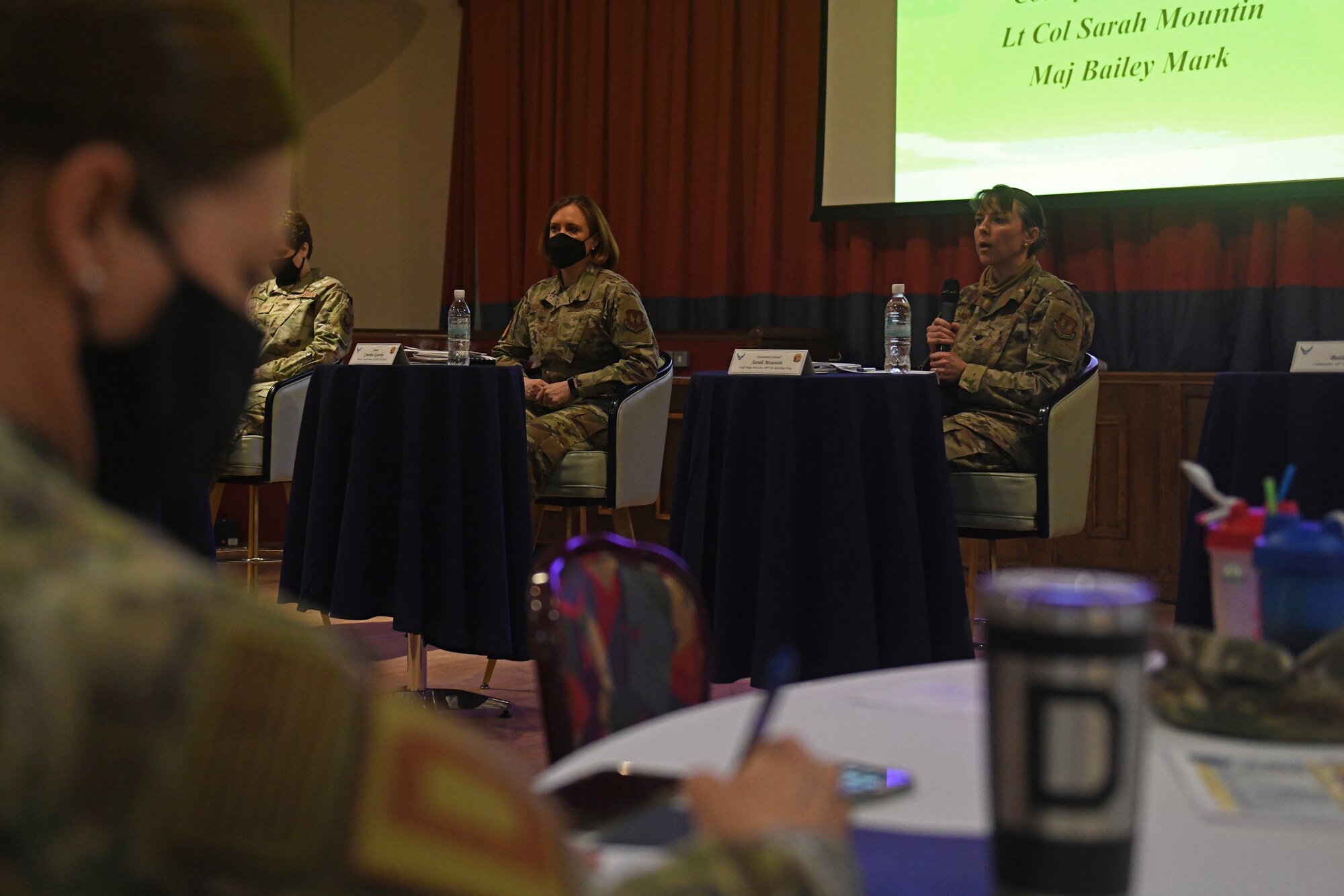 Lt. Col. Sarah Mountin, 100th Air Refueling Wing Staff Judge Advocate, answers a question as a member of an Officer’s Q&A Panel during the Tri-Base Women’s Leadership Symposium, Royal Air Force Mildenhall, England, March 24, 2021. The event aimed to provide women across the tri-base area the opportunity to network and empower one another through open discussion and leadership development. (U.S. Air Force photo by Staff Sgt. Mackenzie Mendez)