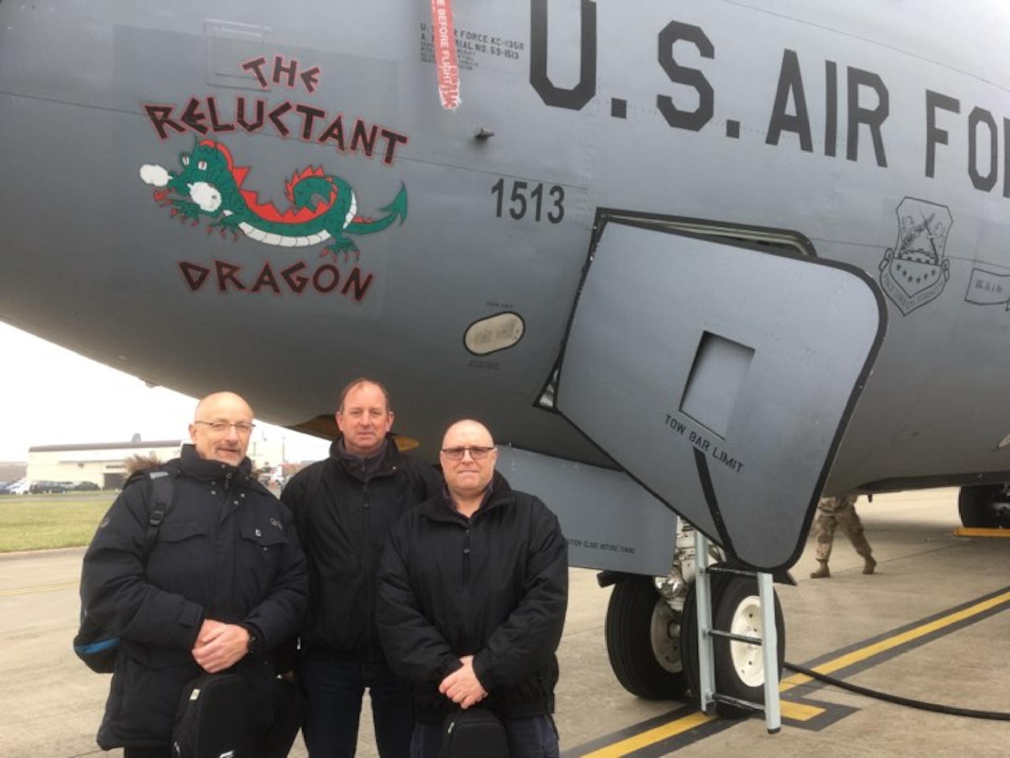 Steve Tipler, left, Barry Clark, center, and David Ives, 100th Civil Engineer Squadron firefighters, had the opportunity to participate in a KC-135 Stratotanker aircraft incentive flight at Royal Air Force Mildenhall, England, March 3, 2021. The first responders were given the opportunity to see the other side of the mission to see how their role of emergency response ties with RAF Mildenhall’s refueling mission. (Courtesy photo)