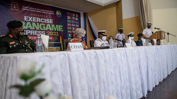 Rear Adm. Jeffrey S. Spivey, director, maritime partnership program, U.S. Naval Forces Europe, Africa, Sixth Fleet, delivers remarks during the closing ceremony of Exercise Obangame Express in Accra, Ghana, March 27, 2021.
