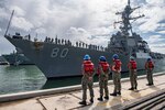 The Arleigh Burke-class guided-missile destroyer USS Roosevelt (DDG 80) returns to Naval Station Rota, Spain, after a scheduled underway, May 16, 2020. Roosevelt, named in honor of President Franklin D. Roosevelt and his wife Eleanor, is the first Flight IIA Arleigh Burke-class guided-missile destroyer stationed in Rota, providing the ability to deploy with two embarked Lamps MK III MH-60B Sea Hawk helicopters.