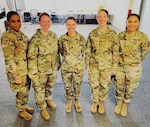 (L-R) Capt. Vanessa Rodriguez, Maj. Michele Spangler, Lt. Col. Christina Perronie, Capt. Katie Kerr and Capt. Anabel Montano-Vargas, all assigned to the Fairfax-based 124th Cyber Protection Battalion, 91st Cyber Brigade, comprised the first known all-female staff within the Virginia Army National Guard. In the Army, where females make up only 17% of the entire force, it is rare for the primary staff officers of a unit to consist entirely of women.