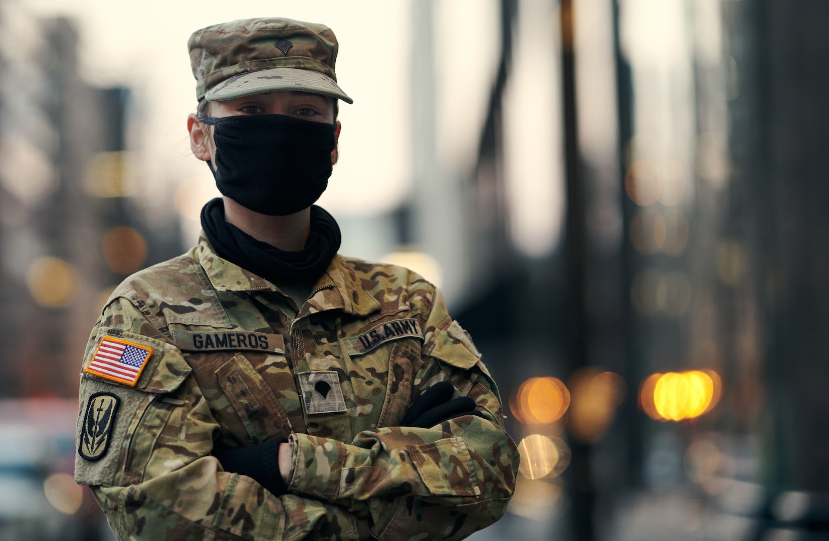 Spc. Marisol Gameros, an avionics mechanic assigned to the 3rd Battalion, 126th Aviation Regiment, Massachusetts Army National Guard, prepares to go on shift to the Naval Observatory in Washington, D.C., Feb. 20, 2021. Gameros served in Washington from Jan. 24 to Feb. 21, 2021 as part of the Capitol Response mission, being assigned to the Vermont National Guard. (U.S. Air National Guard photo by Tech. Sgt. Ryan Campbell)