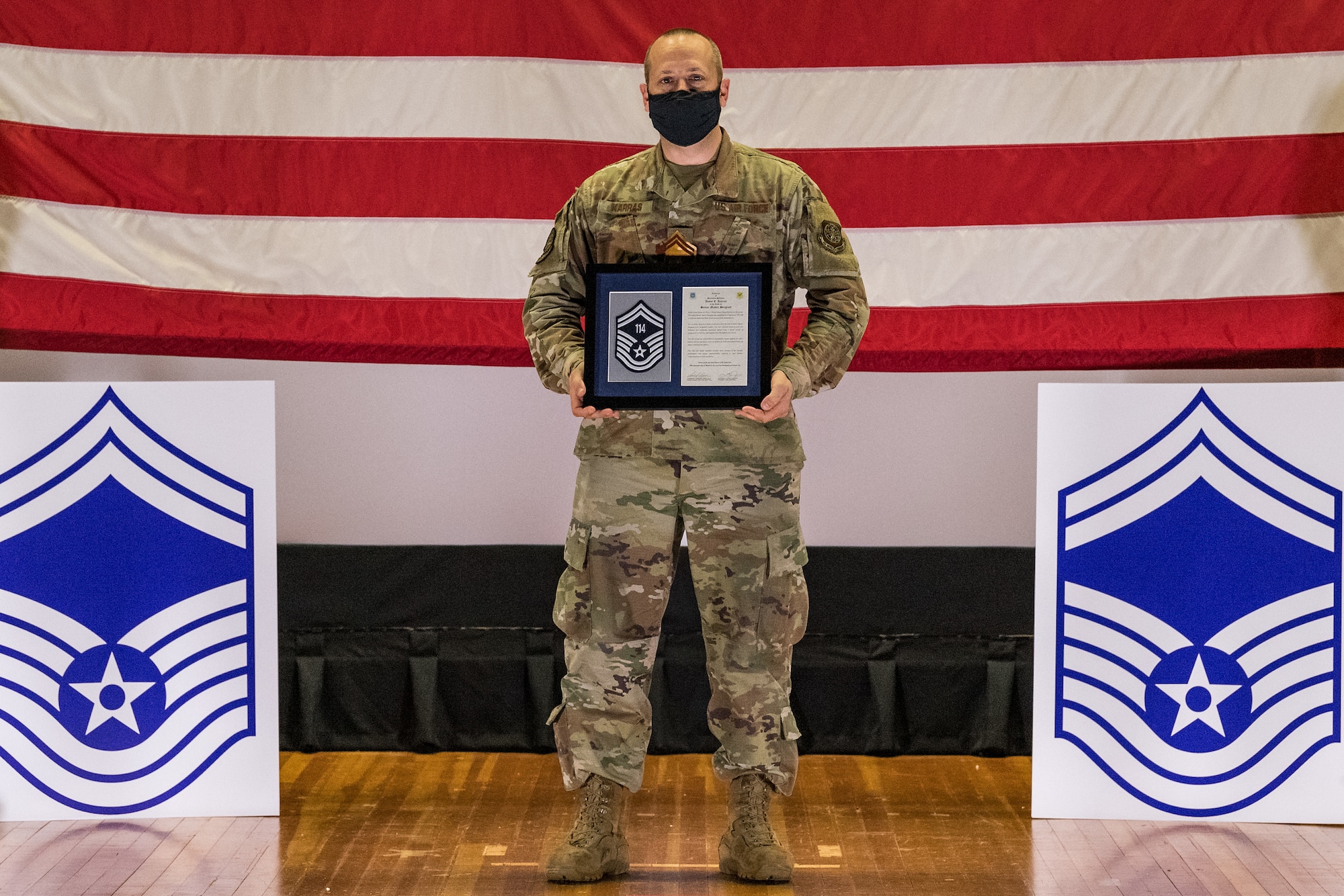 Master Sgt. Jason Karras, 436th Logistics Readiness Squadron fuels management flight superintendent, poses for a photo during the senior master sergeant promotion release ceremony held at the base theater on Dover Air Force Base, Delaware, March 26, 2021. Karras was one of 10 master sergeants at Dover AFB selected for promotion to senior master sergeant in the 21E8 promotion cycle. (U.S. Air Force photo by Roland Balik)