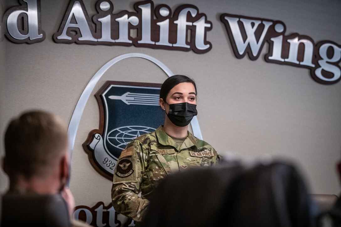 U.S. Air Force Reserve Citizen Airman, Senior Airman Giovanna Chavez, 932nd Aeromedical Evacuation Squadron technician shares her Air Force Reserve story with 932nd Airlift Wing leadership during the pre unit training assembly meeting, March 5, 2021, Scott Air Force Base, Illinois. (U.S. Air Force photo by Christopher Parr)