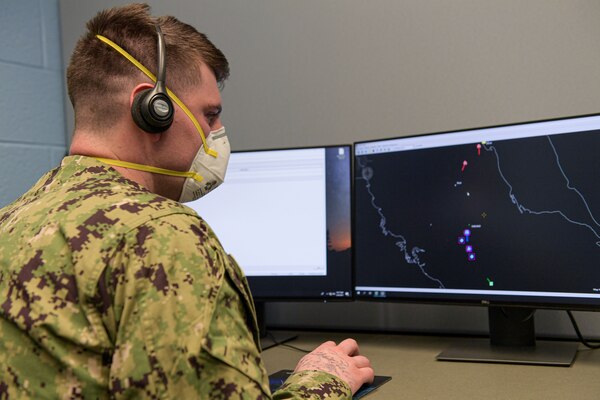 Operations Specialist 2nd Class Oliver Surovell participates in an exercise in the new Air Intercept Controller (AIC) training lab at Afloat Training Group Norfolk. Along with training AICs, the lab will also open training events to shipboard anti-air warfare coordinators (AAWC) to promote AIC/AAWC integration. (U.S. Navy photo by Mass Communication Specialist 2nd Class Jacob Milham/RELEASED)