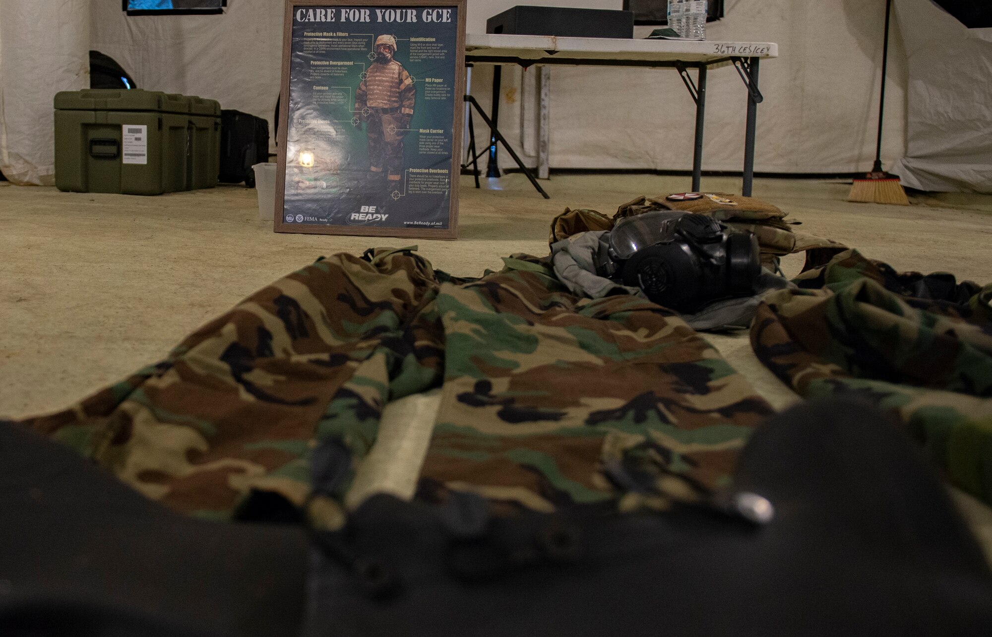 Chemical, Biological, Radiological, Nuclear and Explosives defense training gear is laid out for inspection at Andersen Air Force Base, Guam, March 25, 2021.