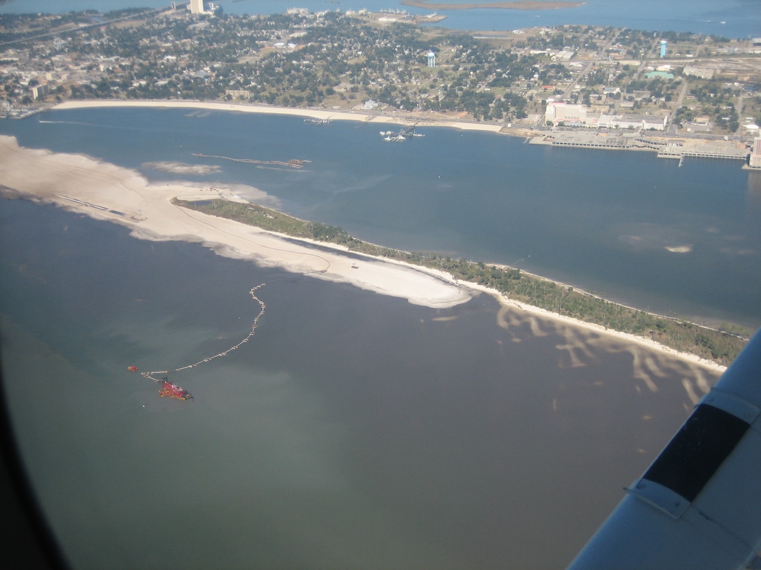 Construction to restore the southern shoreline of Deer Island, off the coast of Mississippi.