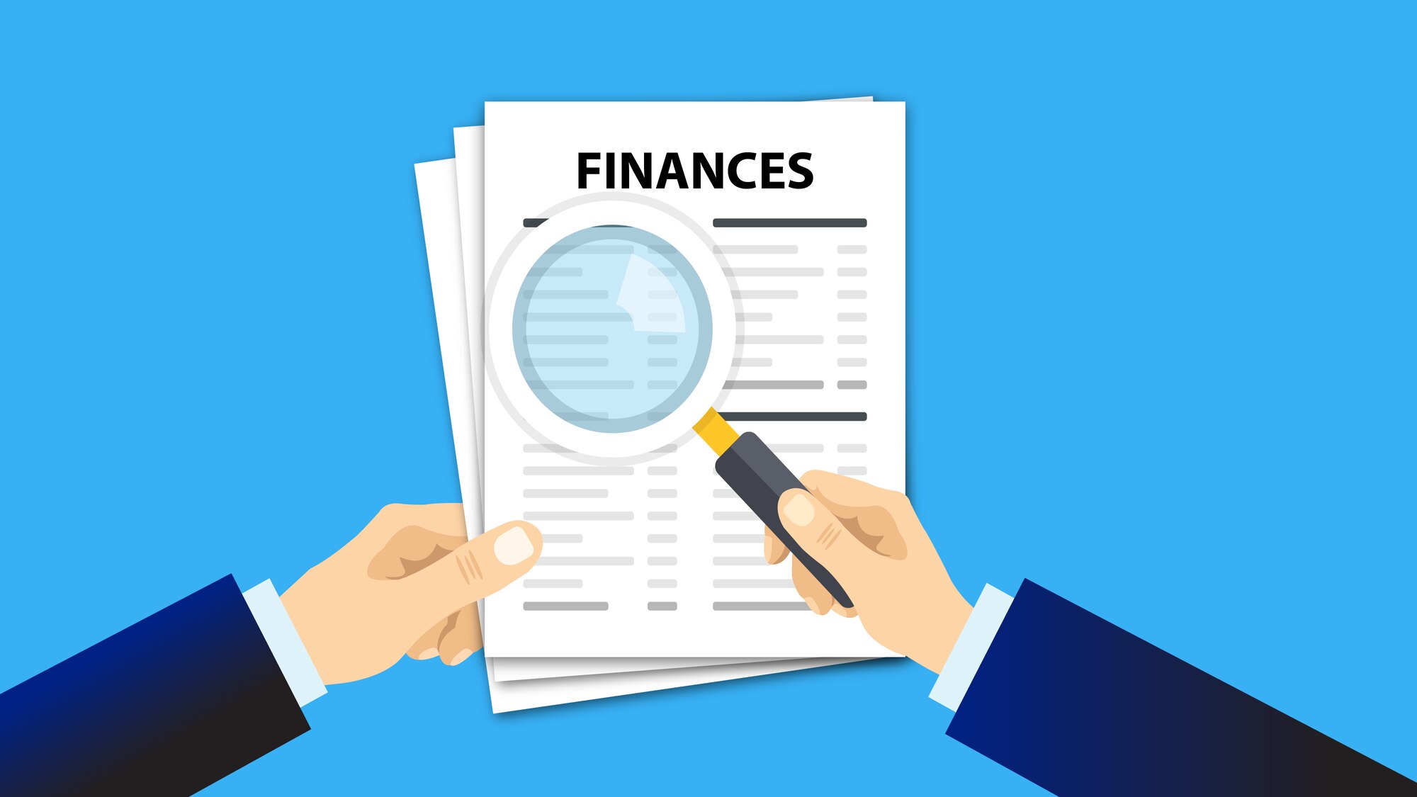 Hand holding magnifying glass inspecting financial records