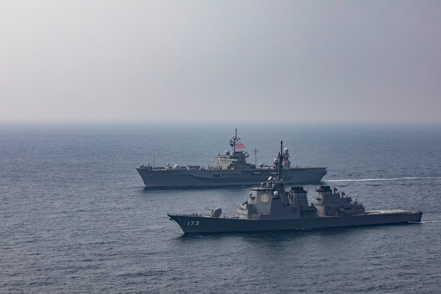 U.S. 7th Fleet flagship USS Blue Ridge (LCC 19) conducts a bilateral exercise with Japan Maritime Self-Defense Force (JMSDF) guided-missile destroyer JS Kongo (DDG-173) March 29, 2021 in the East China Sea. These types of operations provide an opportunity for each partner nation to share their unique capabilities in shipboard maneuvering procedures, maritime skills and interoperability. Blue Ridge is the oldest operational ship in the Navy and, as 7th Fleet command ship, actively works to foster relationships with allies and partners in the Indo-Pacific region.