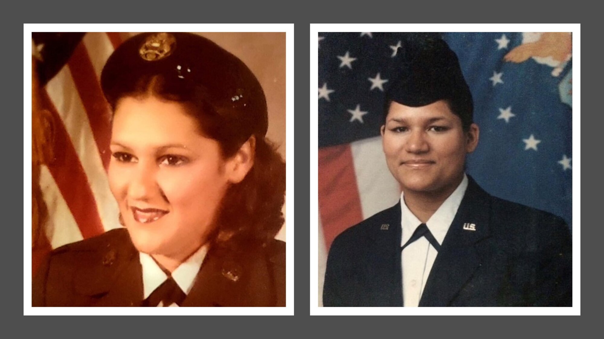 Retired Army Master Sgt. Norma Miranda, left, served in the Puerto Rico Army National Guard and Reserve for 35 years. U.S. Air Force Master Sgt. Namir Laureano continues to serve after 16 years in the active duty Air Force and New Jersey Air National Guard. (U.S. Air National Guard graphic by Senior Julia Santiago)