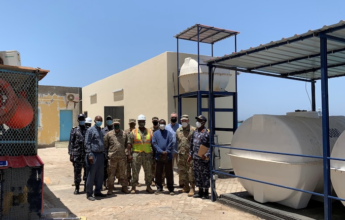Service members from Combined Task Force Horn of Africa (CJTF-HOA) Naval Facilities Command and the U.S. Embassy, Djibouti conduct final walk-though and turn-over of the newly constructed restroom facility, water storage system and maritime operations center conference room sponsored by U.S. Naval Forces Africa and constructed by the local Djiboutian contractor, TREMCO LLC. U.S. Sixth Fleet, headquartered in Naples, Italy, conducts the full spectrum of joint and naval operations, often in concert with allied and interagency partners, in order to advance U.S. national interests and security and stability in Europe and Africa.