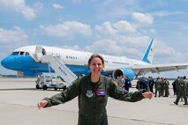 U.S. Air Force Col. Rebecca Sonkiss, the 89th Airlift Wing commander, poses for a photo after being hosed down by co-workers during her final flight at Joint Base Andrews, Maryland, June 9, 2020.