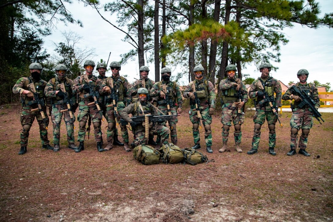 Dutch Marines with 32nd Raiding Squadron receive a safety brief during Exercise Caribbean Urban Warrior on Camp Lejeune, N.C., March 15, 2021. The exercise is a bilateral training evolution designed to increase global interoperability between 2d Reconnaissance Battalion, 2d Marine Division and 32nd Raiding Squadron, Netherlands Marine Corps. (U.S. Marine Corps photo by Lance Cpl. Jacqueline Parsons)