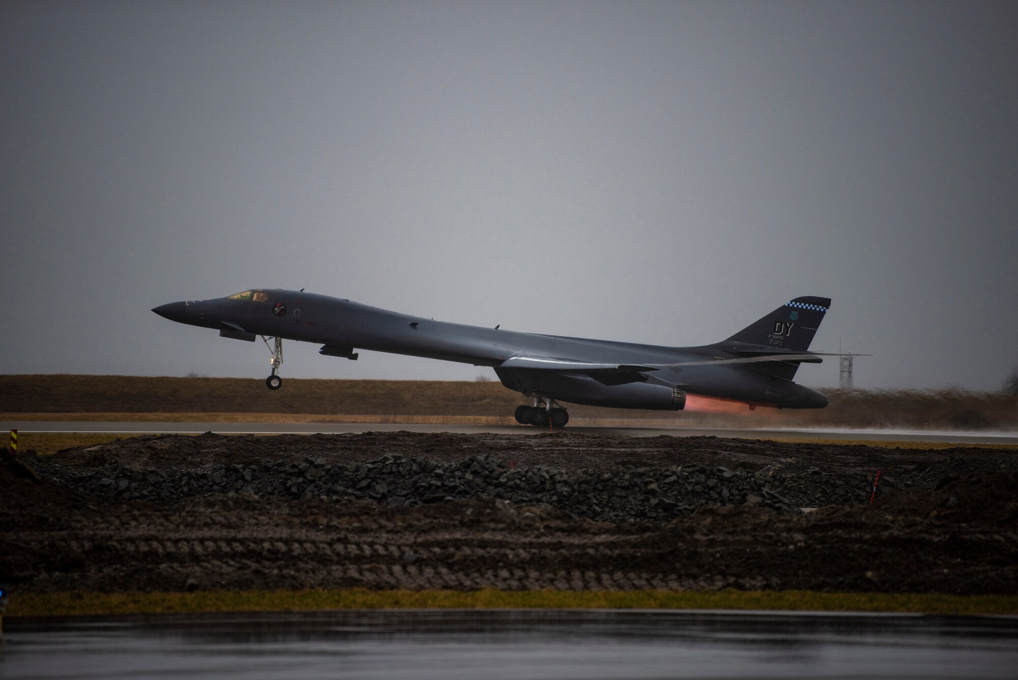 A B-1B Lancer assigned to the 9th Expeditionary Bomb Squadron takes off at Ørland Air Force Station, Norway, March 23, 2021. Bomber Task Force Europe missions provide opportunities to train and work with ally and partner nations in joint and coalition operations and exercises. (U.S. Air Force photo by Airman 1st Class Colin Hollowell)